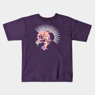 Fanged Skull with Bullet Mohawk, Spiked Jaw in Pink and Gold Camo Kids T-Shirt